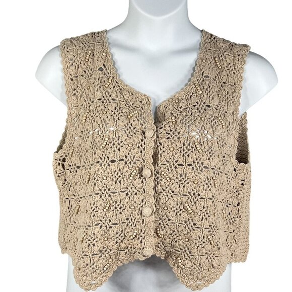 Hunt Club Womans 16W Crochet Beaded Knit Beige Button-Up Vest Cottagecore Top - Picture 1 of 11